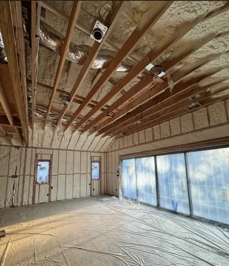 Interior walls and ceiling insulated with spray foam during new construction in Obetz